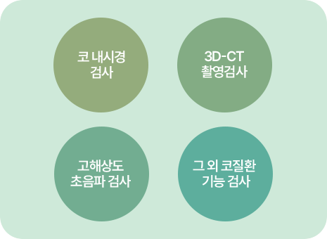 코 내시경 검사. 3D-CT 촬영검사. 고해상도 총음파 검사. 그외 코질환 기능검사
