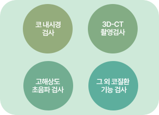 코 내시경 검사. 3D-CT 촬영검사. 고해상도 총음파 검사. 그외 코질환 기능검사