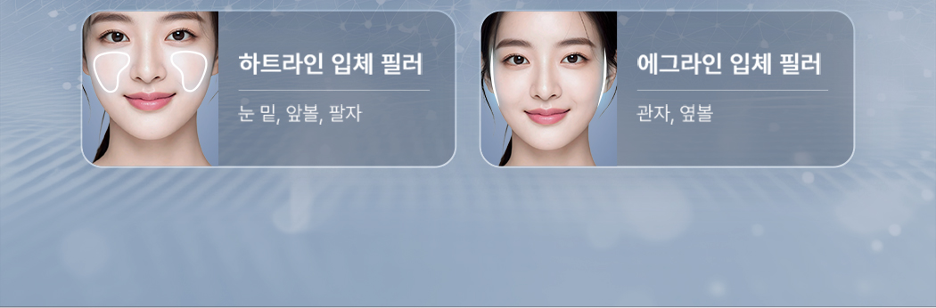 하트라인 입체 필러. 눈 밑, 앞볼, 팔자. 에그라인 입체 필러. 관자, 옆볼
