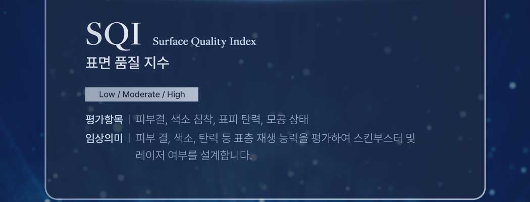SQI 표면 품질 지수. Surface Quality Index. Low / Moderate / High. 평가항목은 피부결, 색소 침착, 표피 탄력, 모공 상태. 임상 의미는 피부 결, 색소, 탄력 등 표층 재생 능력을 평가하여 스킨부스터 및 레이저 여부를 설계합니다.