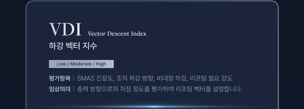 VDI 하강 벡터 지수. Vector Descent Index. Low / Moderate / High. 평가항목은 SMAS 긴장도, 조직 하강 방향, 비대칭 하강, 리프팅 필요 강도. 임상 의미는 중력 방향으로의 처짐 정도를 평가하여 리프팅 벡터를 설정합니다.