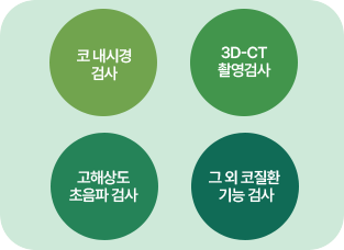 코 내시경 검사. 3D-CT 촬영검사. 고해상도 총음파 검사. 그외 코질환 기능검사